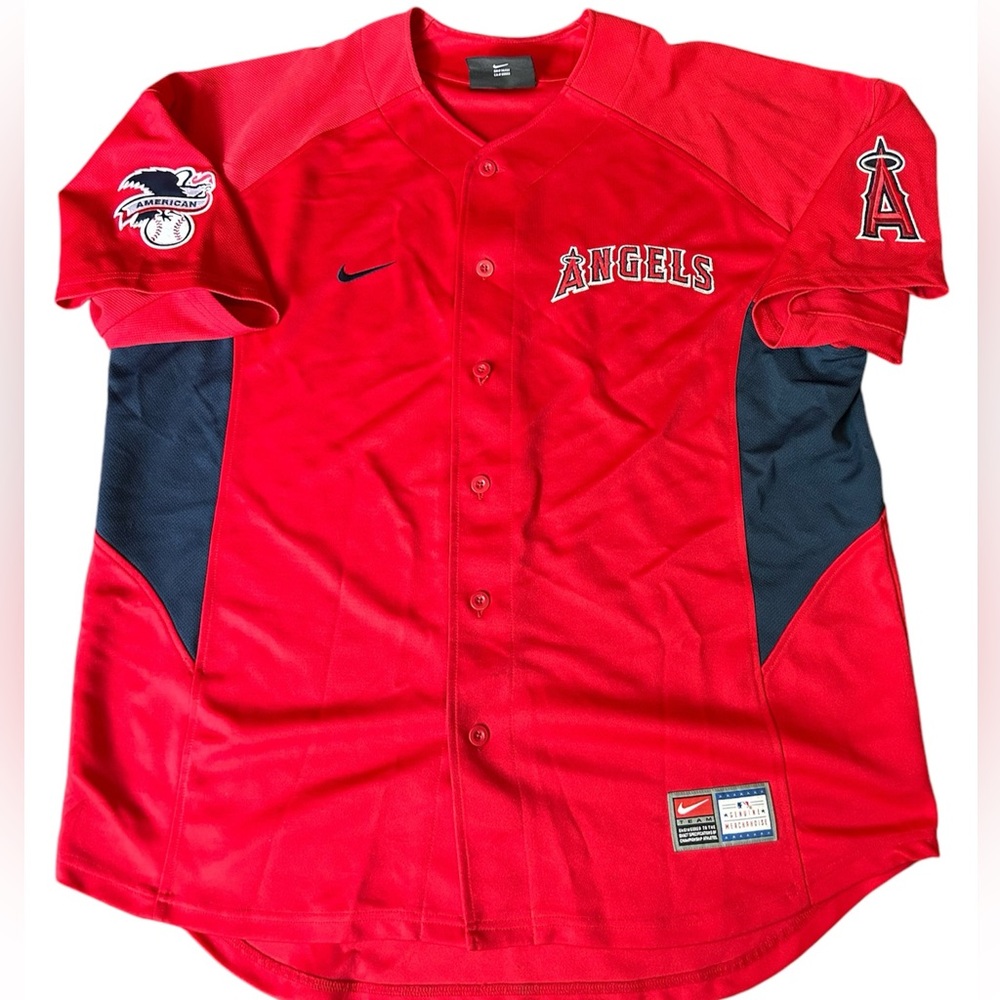 Nike Anaheim Angels Baseball MLB Red / Navy Blue Button Down Jersey Size Large